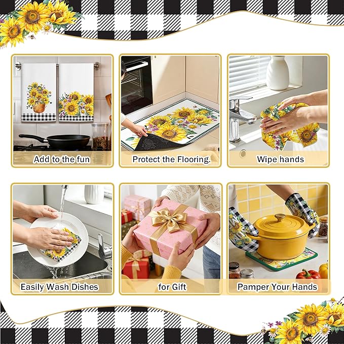 10 PCS Sunflower Plaid Kitchen Decor and Accessories - Sets 4 Kitchen Towels 2 Pot Holders 2 Oven Mitts 2 Rugs for Kitchen Bathroom Home Cooking Farmhome Housewarming Baking Daughter Mom Gifts