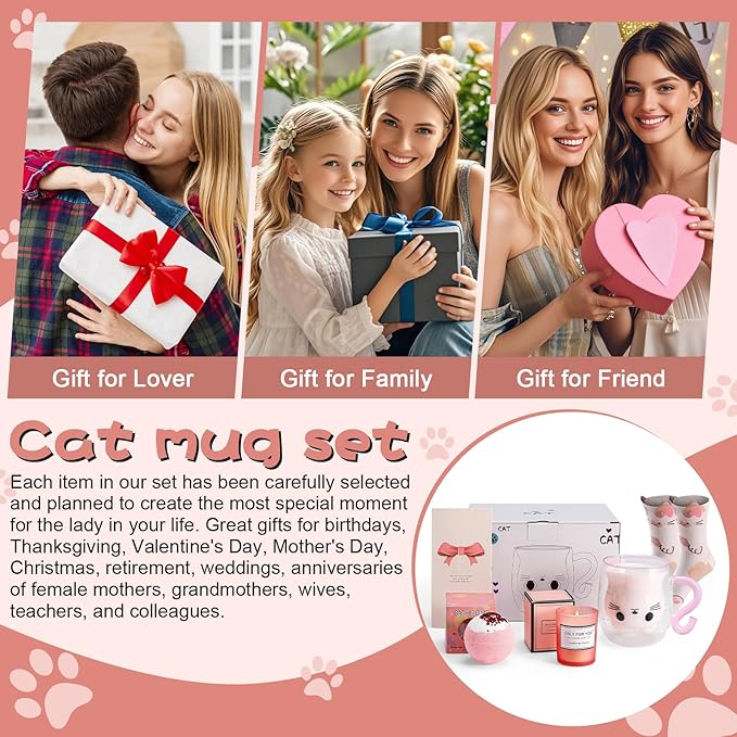 Cat Mug Gifts Set, Birthday Gifts for Women Her Mom, Christmas Presents for Women, Valentines Mothers Day Cat Lovers Presents Idea for Sister Wife Grandma Female Teacher Friend Coworker (Pink)