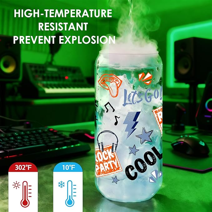 Joeyan Glass Cup with Lid and Straw, 20oz Iced Coffee Cup with Positive Crochet Duck Doll, Rock Party & Game Themed Glass Tumbler for Smoothie Boba Tea, Cool Gamer Gift for Men Boyfriend Son Gamers