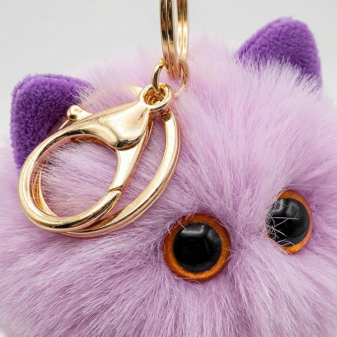 Cute Purple Cat Plush Keychain - Kawaii Lavender Cat Pom Pom Bag Charm, Mystical Keychain for Backpack Purse, Gift for Women Teens