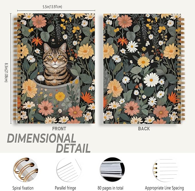 Cat Notebook, Retro Floral Botanical Cat Journal for Writing, Cats Mom Lovers Gifts for Women, Cottagecore Aesthetic Spiral Notebook 5.5x8.3 Inch