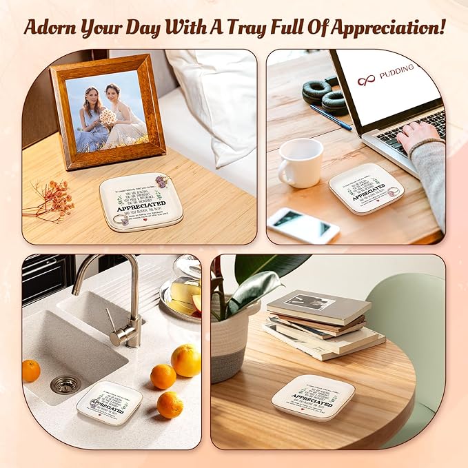 PUDDING CABIN Inspirational Gift Trinket Dish - Thank You Gifts for Women Friends - Teacher Appreciation Gifts for Coworker Employee Staff- Motivational Quote Jewelry Tray(4 x 4 Inches)