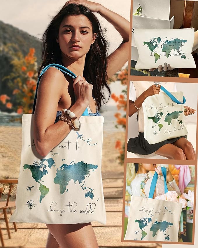 Miss Adola Aesthetic 2 Pack Canvas Tote Bag - with Makeup Zipper Pouch for Women Bag for Shopping, Gym, Travel, Vacation