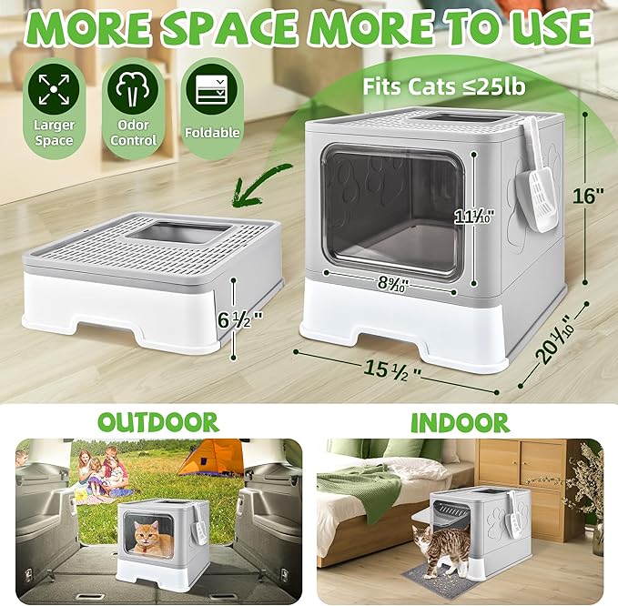 Cat Litter Box with Litter Mat, Foldable Extra Large Free in and Out/One-Way with Lid, Drawer Type Enclosed Kitty Litter Box,Odor Control Anti-Splashing Easy Cleaning (Light Grey)