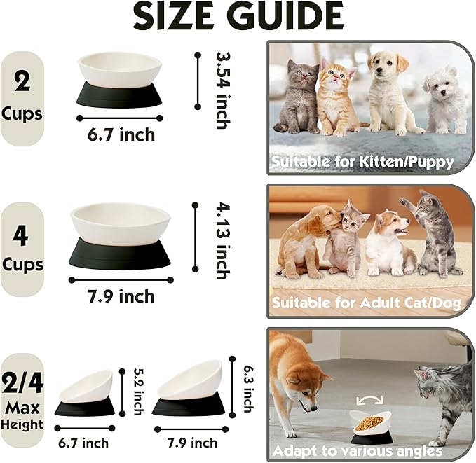 French Bulldog Food Bowl- Slanted Tilted Pug Food Water Bowl,Cat Bowl- Feeder for Frenchie/Shih Tzu/Flat Faced Small Dogs/Puppies/Cats (Black, 4 Cup)