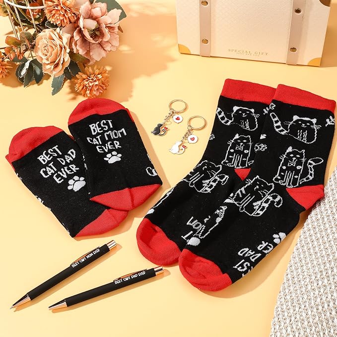8 Pcs Cat Lover Gift Set Cat Mom and Dad Parent Gift with Mugs Socks Pens Keychains for Men Women Birthday Christmas