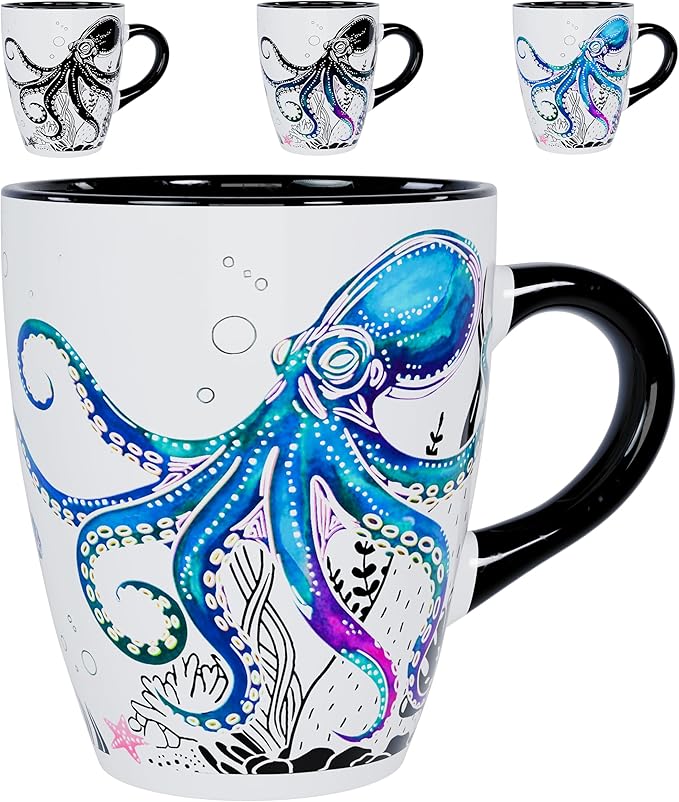 Color Changing Octopus Coffee Mug 12oz – Heat Sensitive Ceramic Cup with Ocean Reef & Coral Design, Coastal Beach Theme Mug, Unique Christmas Holiday Birthday Gift for Octopus Lovers, Men & Women