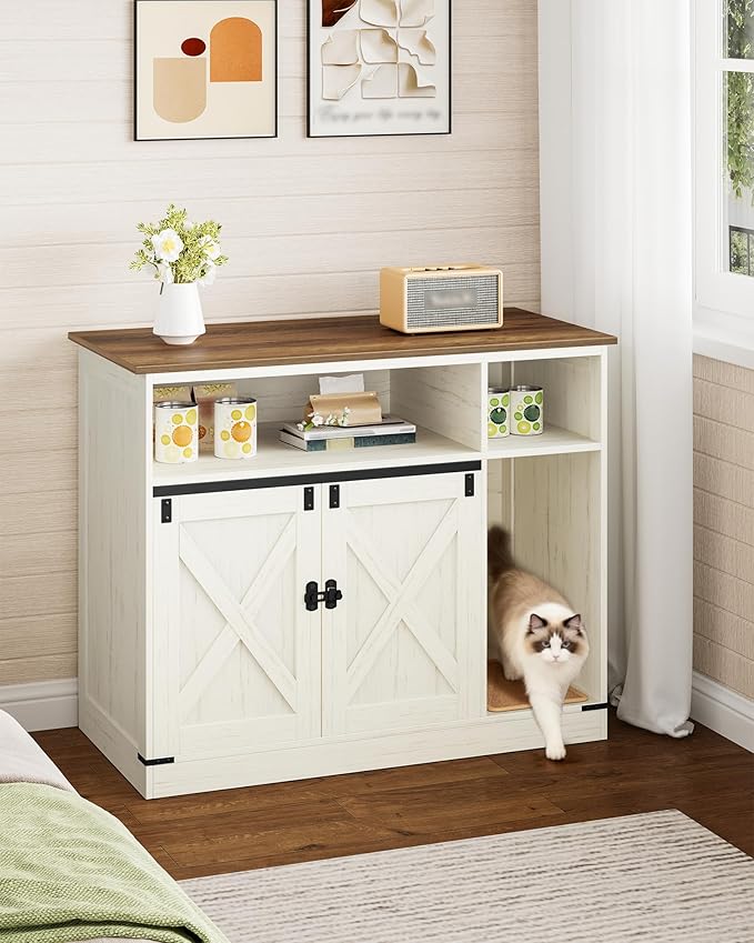 Cat Litter Box Enclosure, Hidden Litter Box Furniture with Storage, Wooden Cat Cabinet with Scratch Pad, Farmhouse Cats House, TV Stand End Table, Rustic Brown and White CB88614X