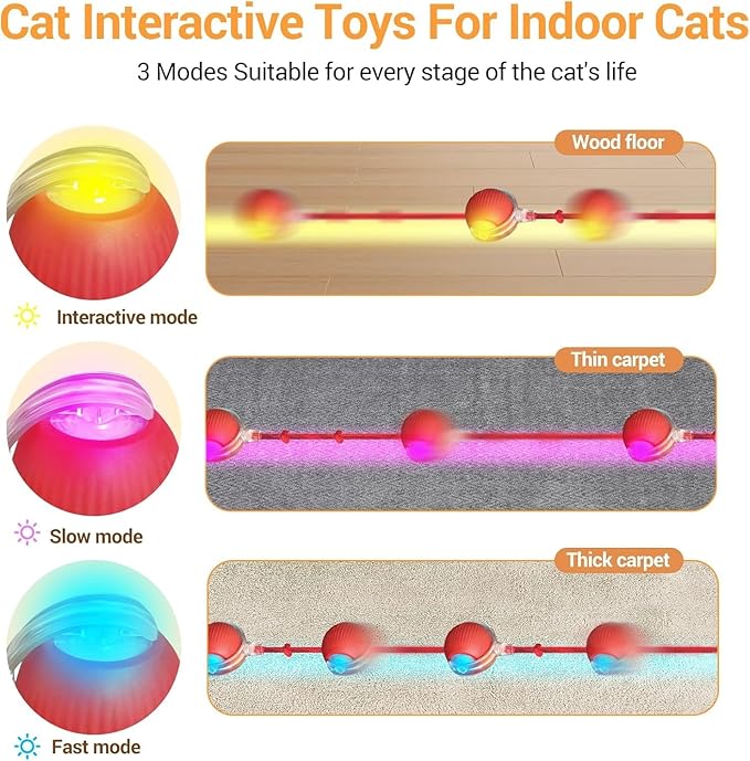 Interactive Cat Toys for Indoor Cats, USB Rechargeable Self-Moving Ball with Tail, Automatic Rolling Ball with 3 Modes, Touch Activated,