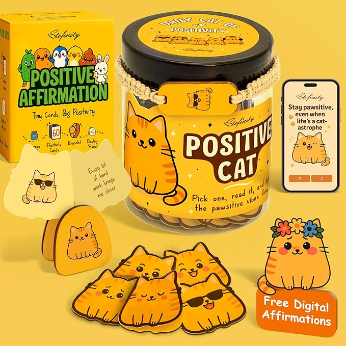 Stofinity 60 Positive Cat Affirmation Cards - Funny Cat Gifts For Women Birthday, Christmas Gifts For People Who Love Cats, Anxiety & Stress Relief Gift For Desk Decor