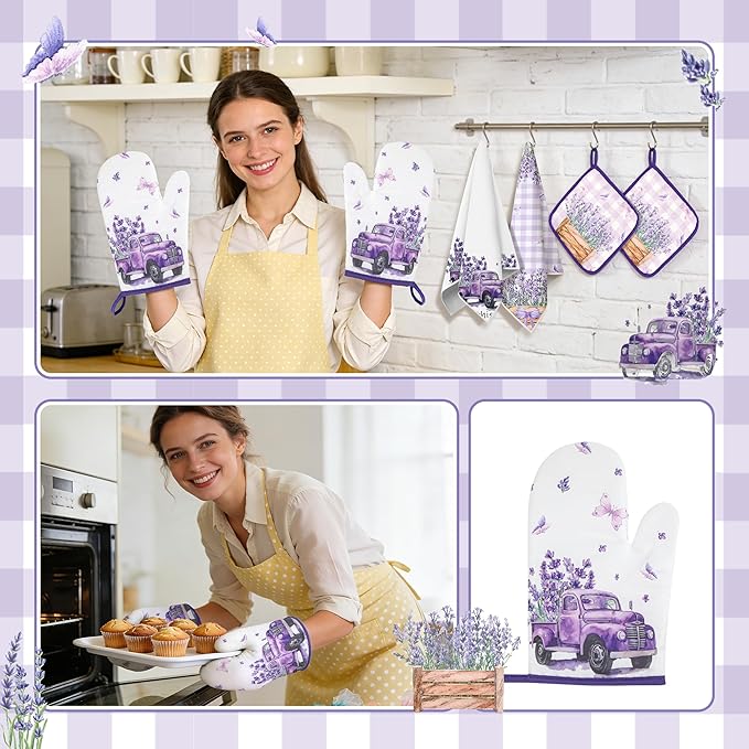 10 Pcs Farmhouse Lavender Kitchen Decor and Accessories Set 4 Kitchen Towels 2 Pot Holders 2 Oven Mitts 2 Rugs for Cooking Baking Mom Housewarming Gifts(Purple,Lavender)