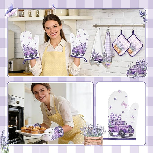 10 Pcs Farmhouse Lavender Kitchen Decor and Accessories Set 4 Kitchen Towels 2 Pot Holders 2 Oven Mitts 2 Rugs for Cooking Baking Mom Housewarming Gifts(Purple,Lavender)