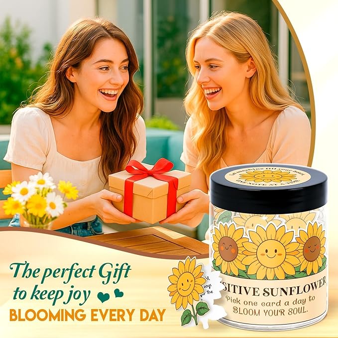 DEARMINE Positive Sunflower Jar with 60 Daily Affirmation Cards, Emotional Support Gift, Sunflower Gifts for Women, Birthday or Get Well Gifts