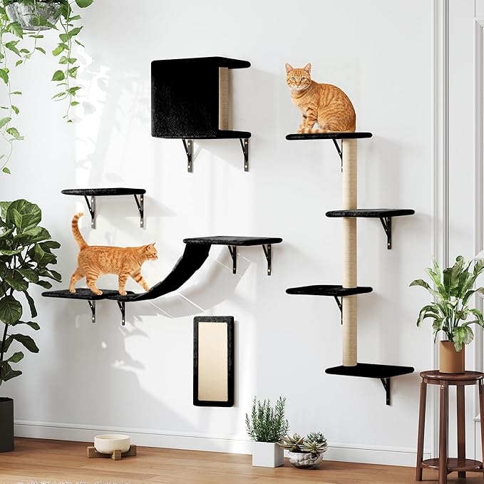 COZIWOW 5-Piece Cat Tree Set with Wall Mounted Cat Shelves, Cat Scratching Post & Cat Wall Furniture, Multi-Functional Indoor Cat Jungle Gym, Essential for Cat Room, Suitable for Large Cats (Black)
