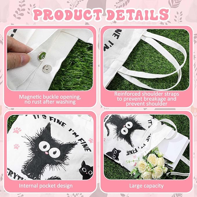 Paterr 4 Pcs Black Cat Gifts for Women Black Cat Lover Gift for Mother's Day Birthday Decorations, with Canvas Tote Bag 16oz Glass Coffee Cup with Straw Socks Cute Keychain