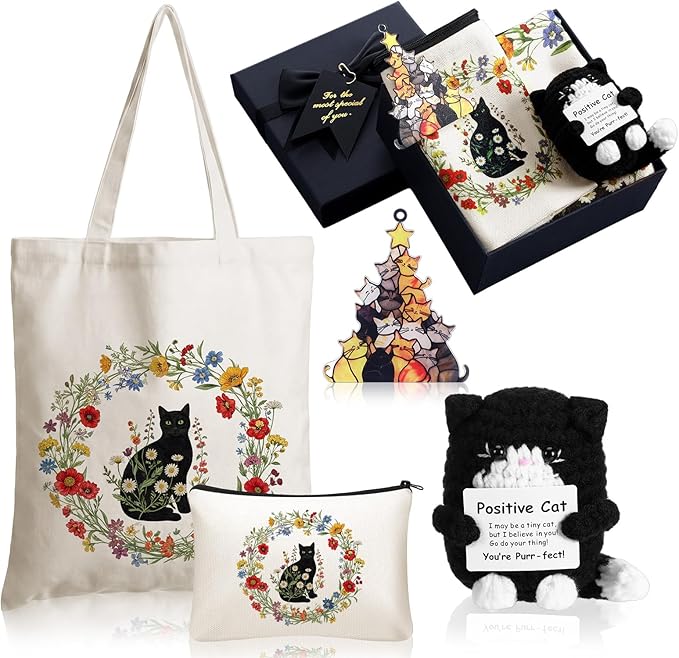 Hsei 5 Pcs Black Cat Lover Gifts Set for Women Include Canvas Tote Bag Cosmetic Bag Crochet Cat and Acrylic Keychain for Black Kitten Lovers Mother's Day Birthday Party Gifts