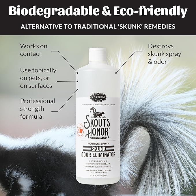Skout's Honor Skunk Odor Eliminator for Pets, Indoor, and Outdoor Surfaces – Eliminate Skunk Spray Odor, Eco-Friendly, Cruelty-Free Solution for Pets and Surfaces, 32 oz