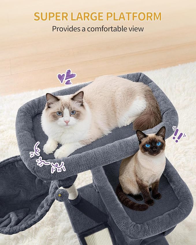 Hzuaneri Large Sturdy Cat Tree Tower, 84 Inch Tall Pet Condo for 7 Large Cats, Cat Tree Indoor Climbing Activity Tower, 2 Large Platform/2 Cave/2 Hanging Basket/5 Scratching Post, Dark Grey MS21318SG