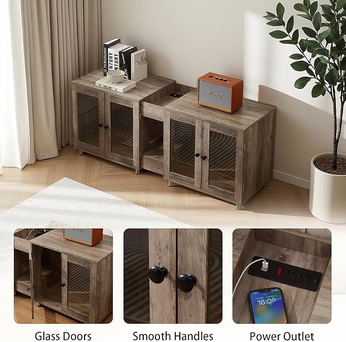 Double Cat Litter Box Enclosure for 2 Cats, Modern Double Litter Furniture with 7-Color LED & Built-in Power Outlet, Large Cozy Cat Space, 4 Glass Doors for Clear Viewing (Grey)