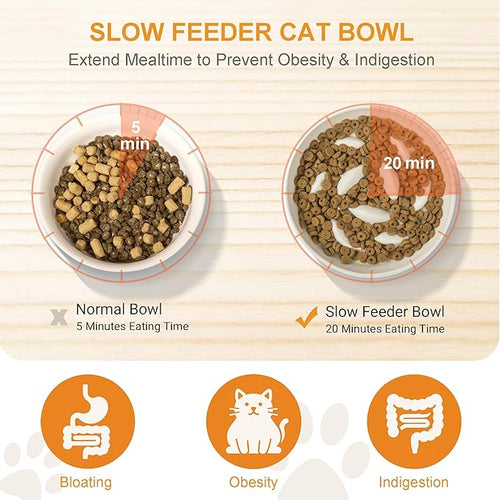 Anti-Bloat Ceramic Slow Feeder Bowl - Fish Pool Design Interactive Puzzle Feeder for Cats & Small Dogs, Food-Safe Porcelain Healthy Eating Dish (White-Ceramic)