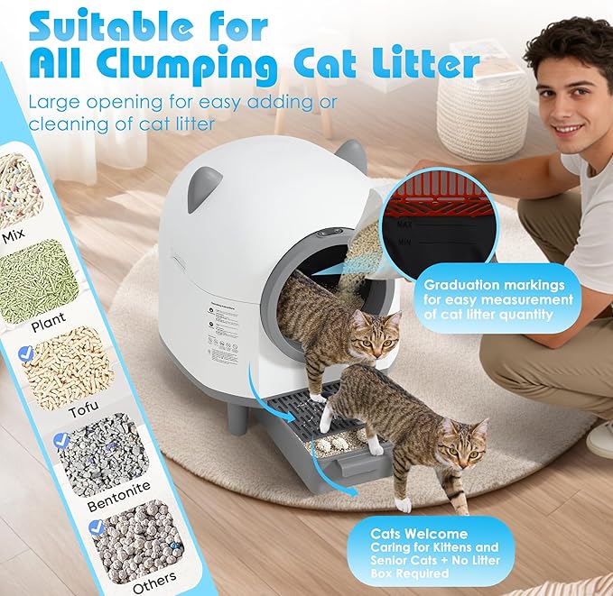 Automatic Cat Litter Box, Self Cleaning Litter Box with APP Control for Multiple Cats, Large Robot Kitty Litter Box with Safety Sensors, Odor Removal, 2 Roll Garbage Bags, 90L Cat Ears Design