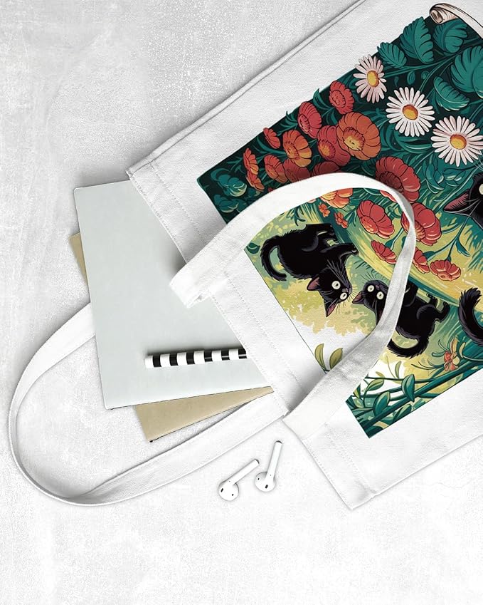 Cute Cat Canvas Tote Bag for Women Funny Cat Bag for Shopping Work Travel Lover Totes Gifts