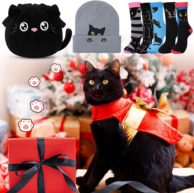 Cutecrop 7 Pcs Christmas Black Cat Gifts for Women Christmas Kitten Gift Sets for Women Black Cat Beanie Winter Hats Socks Kitten Drawstring Makeup Bag Animal Lover Presents for Mom Wife Coworker