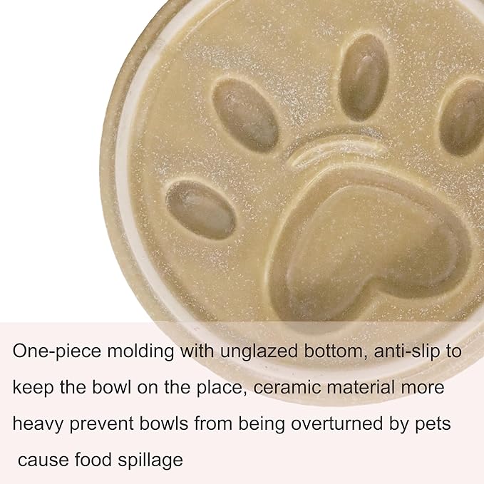 Ceramic Slow Feeder Bowl, 6.69 x 5.7 inches, Elevated Design with Paw Pattern, for Cats and Small Dogs (Khaki)
