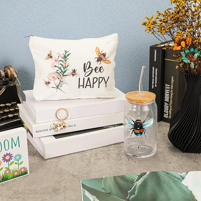 Hushee 3 Pcs Bee Theme Gifts for Mother Day Happy Makeup Bag and Glass Cup with Lid Straw Keychain Inspirational for Mom Friend Sister Coworker