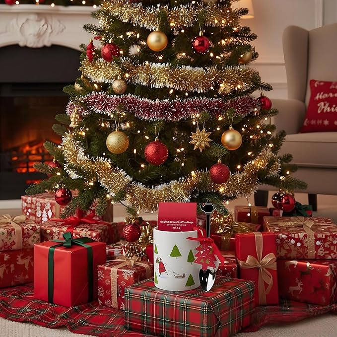 Christmas Holiday Mug Gift — Festive Ceramic Mug with Holiday Illustrations, Includes Tea Bag & Decorative Spoon, Gift Boxed — Perfect Stocking Stuffer, Holiday Hostess Present