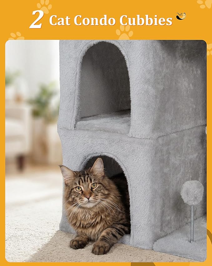 Aechonow 24in Cat Tree Tower with Scratching Post, 19 * 16.5in Window Perch Bed for Large Adult Cats, 2 Small Condo Cubbies for Indoor Kittens, Light Gray