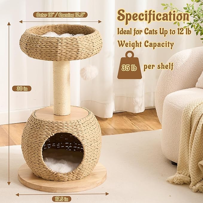 30" Modern Cat Tree Tower for Indoor Cats, Aesthetic Rattan Cat Furniture with Handwoven Wicker Cat Bed Cave, Ultra-Soft & Washable Cushions, Natural Sisal Scratching Post and Solid Wood Base