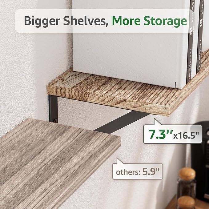 COCOYA Wall Shelves 7.3" Deep Set of 2, Solid Paulownia Wood Wider Longer Sturdy Easy to Install Wall Mounted Bookshelves Storage Shelves Bathroom Home Office Laundry Room Bedroom Organizer