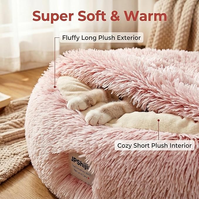 Hooded Dog Bed, Cat Cave Bed with Removable Hood, 2-in-1 Convertible Donut Cat Bed, All Season Fluffy Pet Bed for Cats Small Dogs (Cave Bed - Pink, Medium 19.7 Inches)