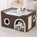 Loyareal Cat Houses for Indoor Cats - Large Cat Bed Cave with Scratch Pad and Fluffy Ball, Foldable Cat Condo Hideaway with Reversible Cushion for Multi Small Pet，Brown