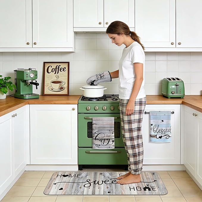 10 Pcs Farmhouse Kitchen Decor and Accessories Set 4 Kitchen Dish Towels 2 Pot Holders 2 Oven Mitts 2 Rugs for Floor Home Decorations Cooking Baking Mom Daughter Gifts Black White Brown