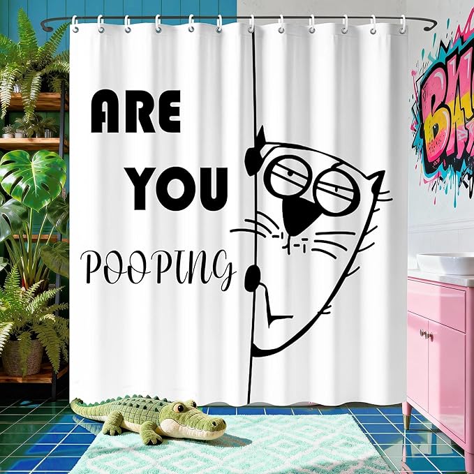 Humor White and Black are You Pooping Shower Curtain,Funny Silly Cat Shower Curtains,Novelty Waterproof Polyester Minimalism Bathroom Decor,72x72 in