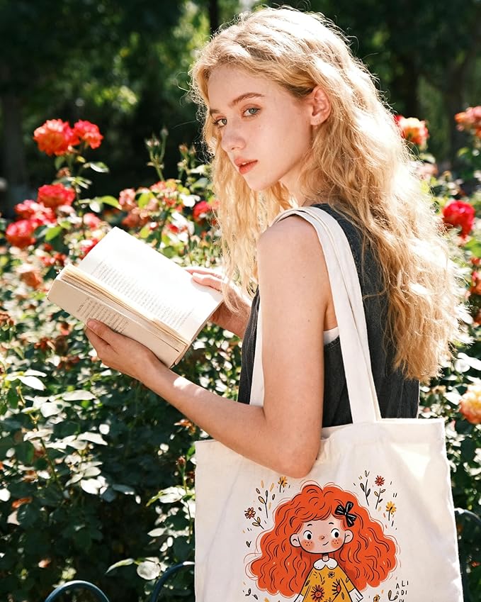 DYALE Canvas Tote Bag Double-Sided Prints with Snap Closure, Cute Tote Bag with Pocket for Shopping, Library, Work, Travel
