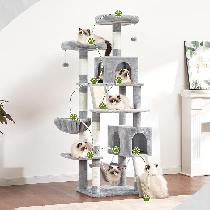 Gitelsnour Cat Tree for Indoor Cats, 71'' (180cm) Multi-Level Cat Tower for Large Adult, Sturdy Cat Tree House with 2 Scratching Boards 7 Posts, 2 Plush Perches/Condos, Hammock, Light Gray GCT032W