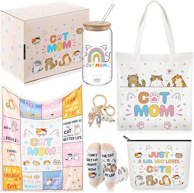 Paterr 6 Pcs Cat Mom Cat Lover Gifts for Women Christmas Canvas Tote Bag Makeup Bag Print Blanket Socks 16oz Glass Coffee Cup with Straw Cute Keychain for Mother's Day Birthday Girls Daughters Sister