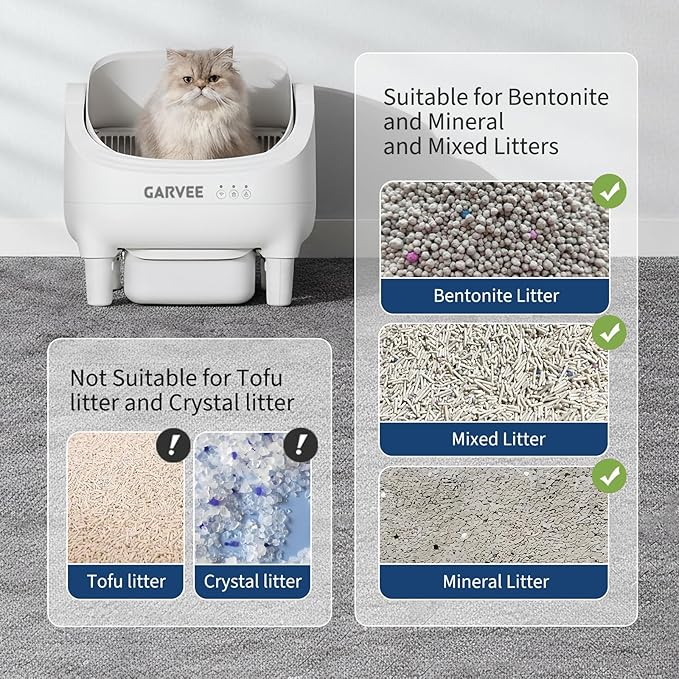 Garvee Open-Top Automatic Cat Litter Box with APP Control, Odor-Free Waste Disposal Includes Trash Bags, 10.5L Large Waste Bin, Self Cleaning Litter Box for Multiple Cats, White