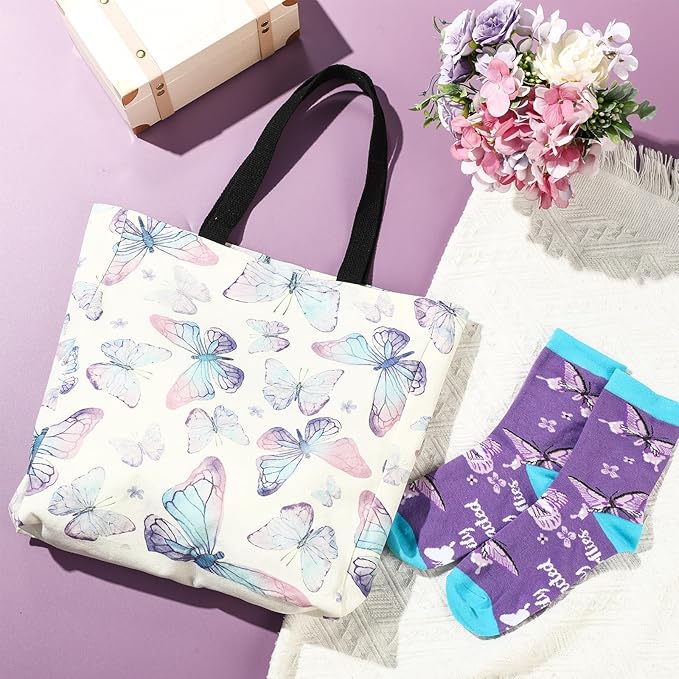 Butterfly Lover Gifts for Women Birthday Gifts Baskets Set Include Canvas Tote Bag, Makeup Bag, Socks, Keychain, Enamel Mug, Small Figurines for Mom, Wife, Sister, Friend