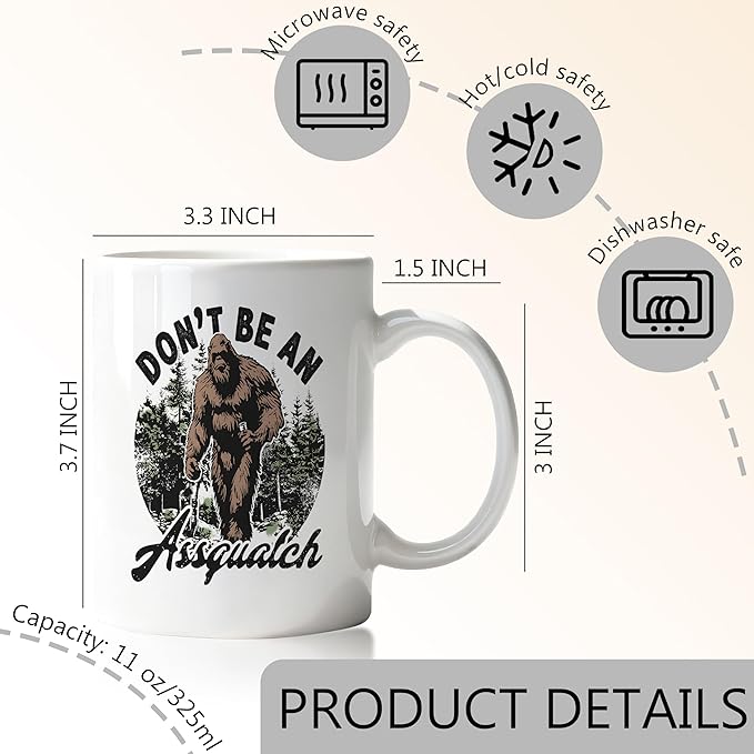Retro Forest Funny Bigfoot Mug, Big Foot Sasquatch Gifts Coffee Cup, Gifts for Camping Hiking Lovers, Don't Be an Assquatch Sarcastic Ceramic Coffee Mug 11 oz
