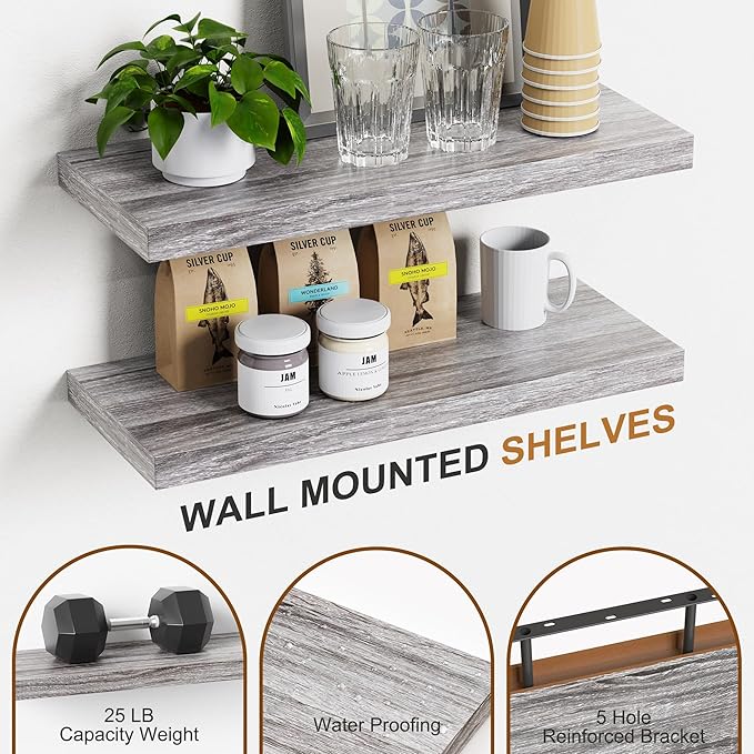 Bellsal Floating Shelves for Wall, Gray Engineered Wood Wall Shelf Set of 4, 16" Walls Mounted Floating Shelf for Kitchen, Living Room, Bedroom, Bathroom Storage, Book Shelfs for Home Decor