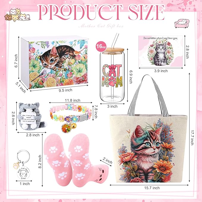 Sadnyy 8 Pcs Cat Themed Gifts for Women Cat Lovers Funny Crazy Mom Gifts Box Basket Set 16 oz Glass Cup Tote Bag Crochet Animal Keychain Stuff Present for Lady People Who Love Kitten Birthday