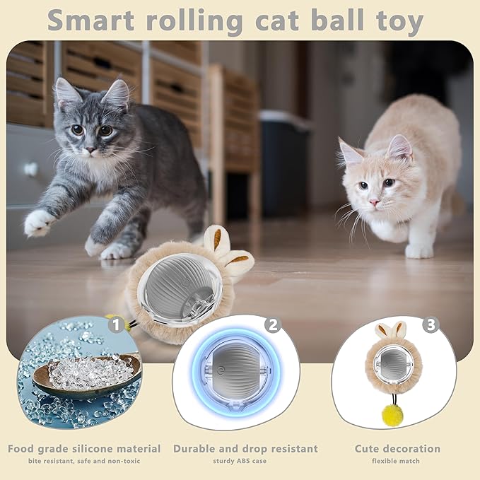 Moving Cat Toy Ball, Automatic Moving Toys for Indoor Cats, Smart Rolling Kitten Toys, Cat Self Rotating Balls with Lights, Recharge Interactive Kittens Balls with USB Cable, Gray