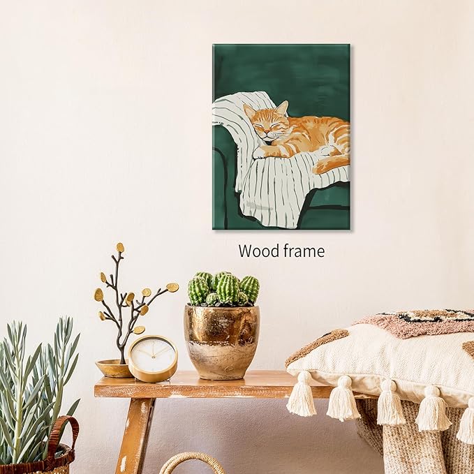 Sleeping Orange Cat poster Green Aesthetic Wall Art Preppy Funky Cute Animal Canvas Painting Gift For Cat Lover 08x10 inch Framed for Cozy Room Wall Decor
