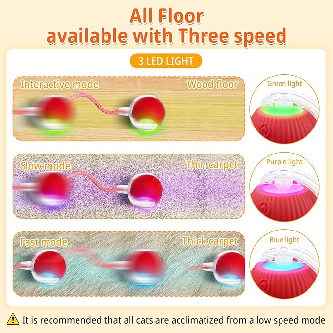 Interactive Cat Toys for Indoor Cats, Speedy 2.0 Cat Toy with Elastic Mesh Tail, Automatic Cat Toy for Bored Indoor Adult Cats, Rechargeable Smart Kitten Moving Ball Toys (Red)