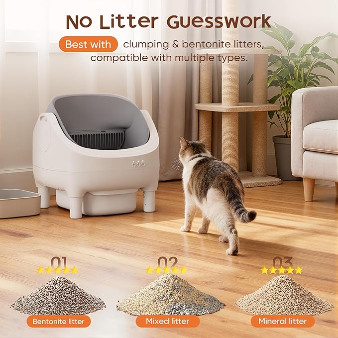GUNJI Open-Top Cat Litter Box – Electric Auto-Cleaning System, Reliable Odor Management, Smart APP Support, 15L Large-Capacity Waste Bin, Trash Bags & Mat Included (Gray)