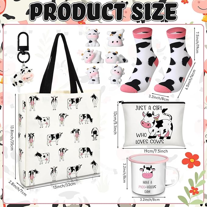 Cow Lover Gifts for Women Birthday Gifts Baskets Set Include Canvas Tote Bag, Makeup Bag, Socks, Keychain, Enamel Mug, Small Figurines for Mom, Wife, Sister, Friend
